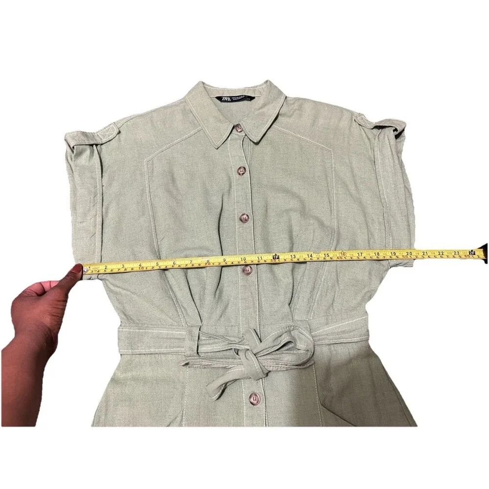 Zara Linen Romper Women's Small Green Utility Belt Coastal Beach Shortalls